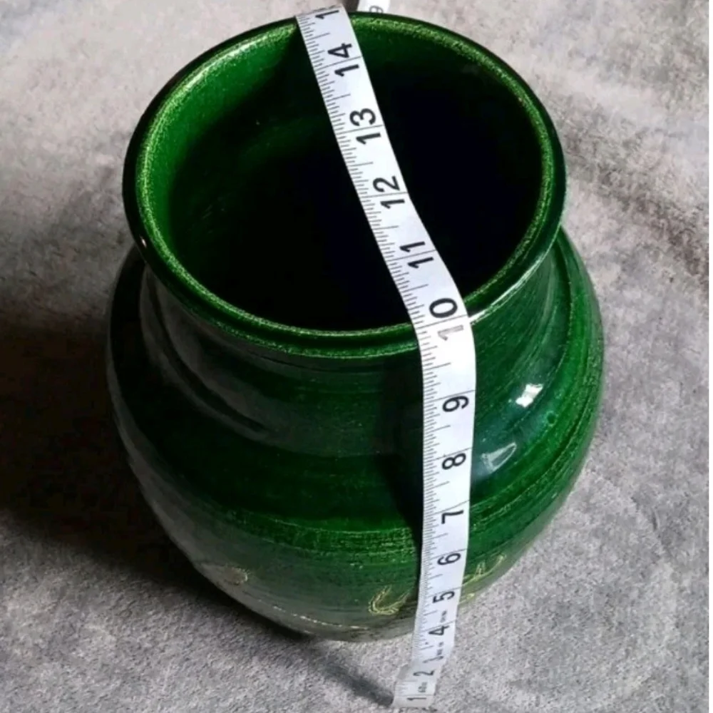 Handcrafted Green Stoneware Vase with Deer Design, Rustic Cottage Cabin Pottery